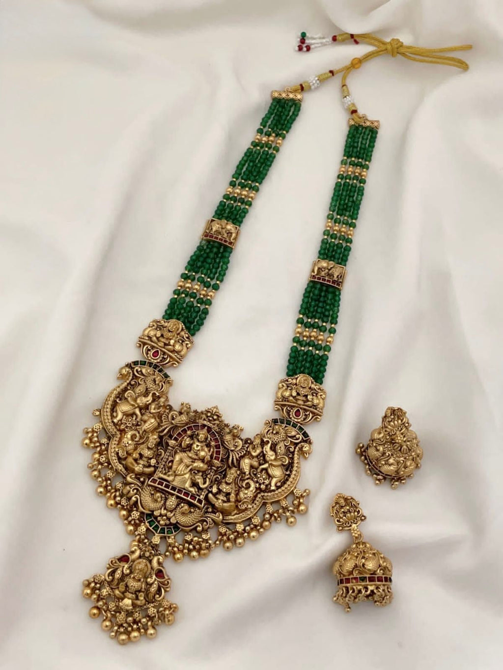 Jewel City Royal Temple Lakshmi Gold-Plated Bridal Haram Necklace Set with Jhumka Earrings, Green Beads, Traditional Jewelry - Distacart