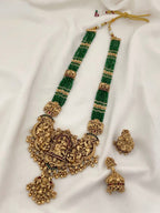 Jewel City Royal Temple Lakshmi Gold-Plated Bridal Haram Necklace Set with Jhumka Earrings, Green Beads, Traditional Jewelry - Distacart