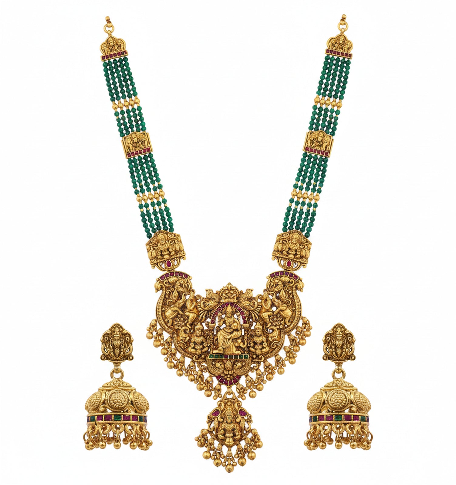 Jewel City Royal Temple Lakshmi Gold-Plated Bridal Haram Necklace Set with Jhumka Earrings, Green Beads, Traditional Jewelry - Distacart