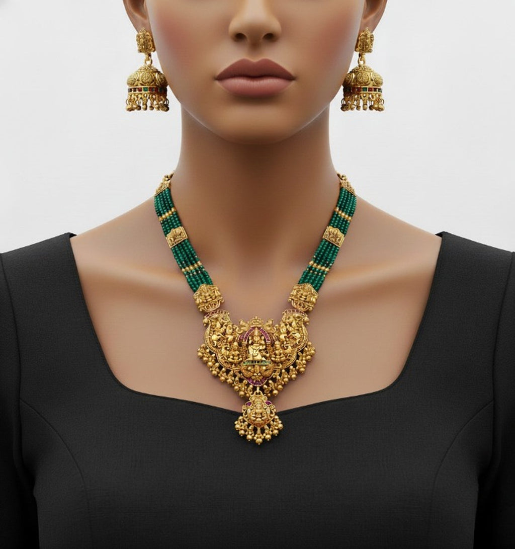 Jewel City Royal Temple Lakshmi Gold-Plated Bridal Haram Necklace Set with Jhumka Earrings, Green Beads, Traditional Jewelry - Distacart