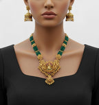 Jewel City Royal Temple Lakshmi Gold-Plated Bridal Haram Necklace Set with Jhumka Earrings, Green Beads, Traditional Jewelry - Distacart