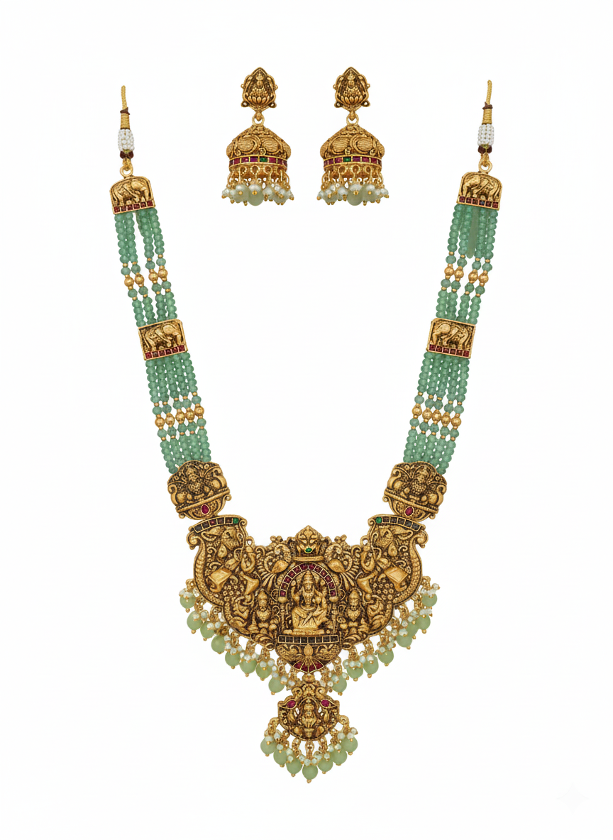 Jewel City Antique Gold-Plated Temple Lakshmi Haram Necklace Set with Green Beads & Jhumka Earrings