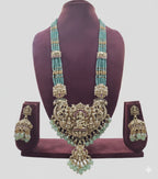 Jewel City Antique Gold-Plated Temple Lakshmi Haram Necklace Set with Green Beads & Jhumka Earrings