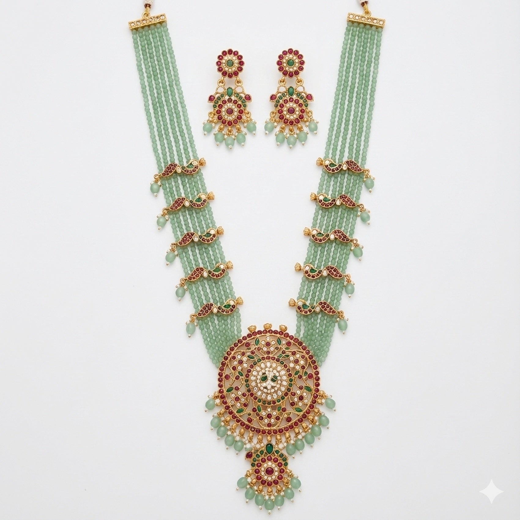 Jewel City Handcrafted Kundan & Mint Green Bead Long Necklace Set | Traditional Gold-Plated Ethnic Jewelry For Weddings & Bridal