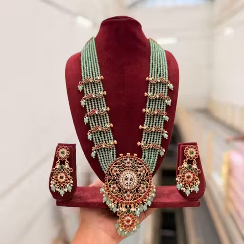 Jewel City Handcrafted Kundan & Mint Green Bead Long Necklace Set | Traditional Gold-Plated Ethnic Jewelry For Weddings & Bridal