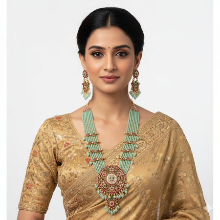 Jewel City Handcrafted Kundan & Mint Green Bead Long Necklace Set | Traditional Gold-Plated Ethnic Jewelry For Weddings & Bridal
