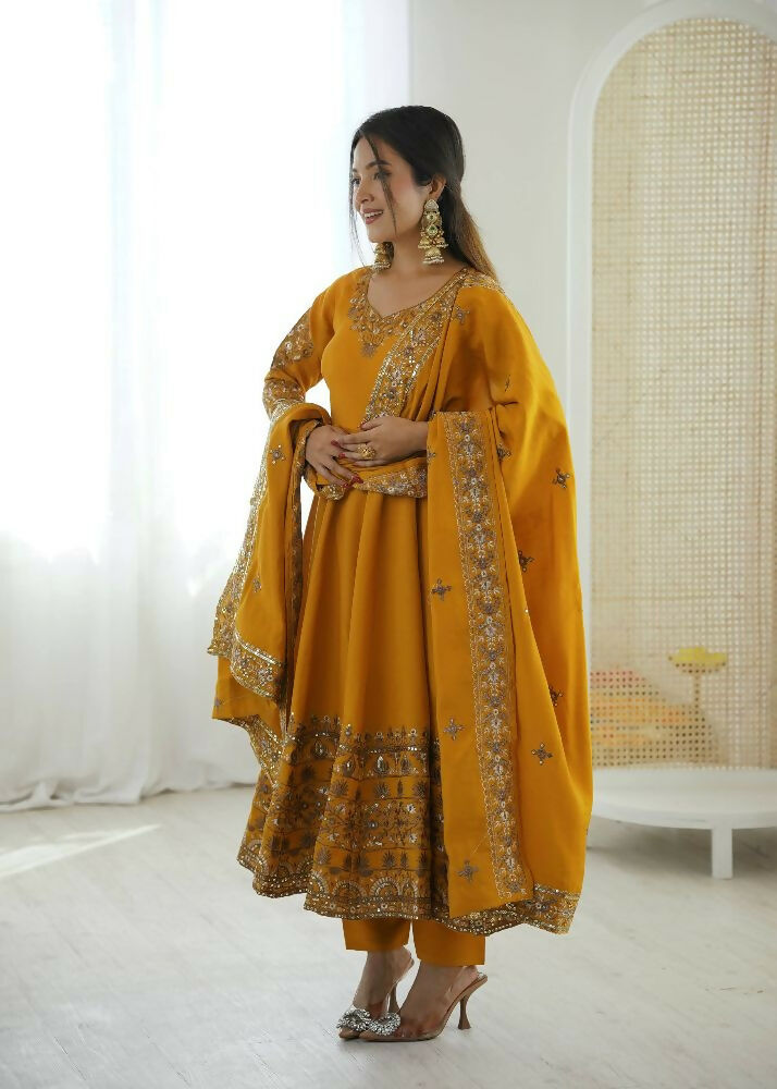 Teeya Creation Yellow Roman Silk Embroidery Work Party Wear long Gown - Distacart