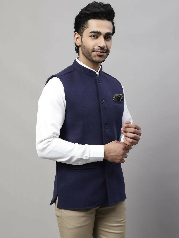 Even Apparels Pure Wool Nehru Jacket - Navy