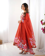Evanik Rust Soft Organza Silk With Floral Print Fully Flared Anarkali Pant With Dupatta Set