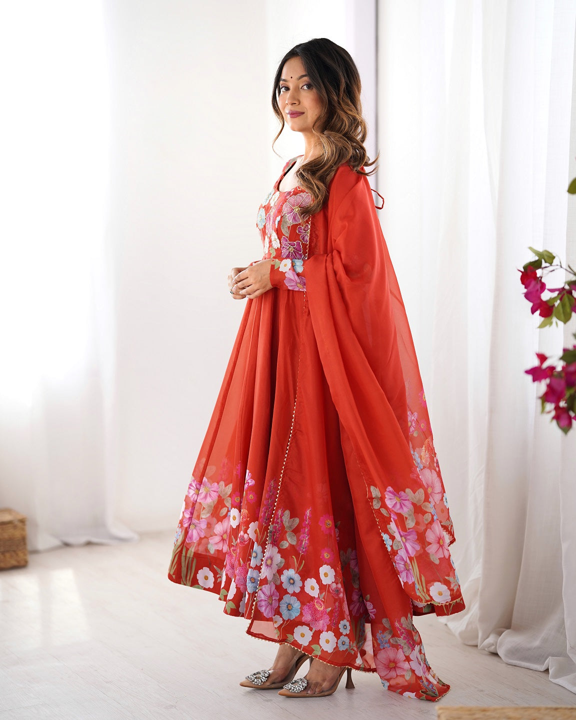 Evanik Rust Soft Organza Silk With Floral Print Fully Flared Anarkali Pant With Dupatta Set