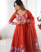Evanik Rust Soft Organza Silk With Floral Print Fully Flared Anarkali Pant With Dupatta Set