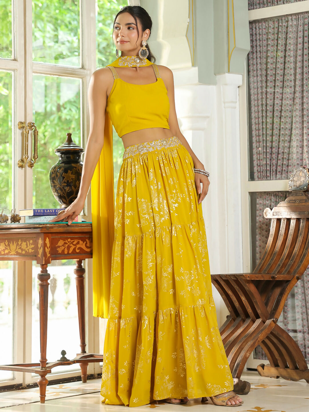 Janasya Yellow Georgette Solid Lehenga Choli Dupatta