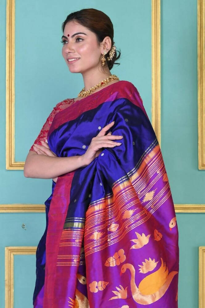 Very Much Indian Handloom Pure Silk Dark Violet Muniya Border Paithani - Distacart