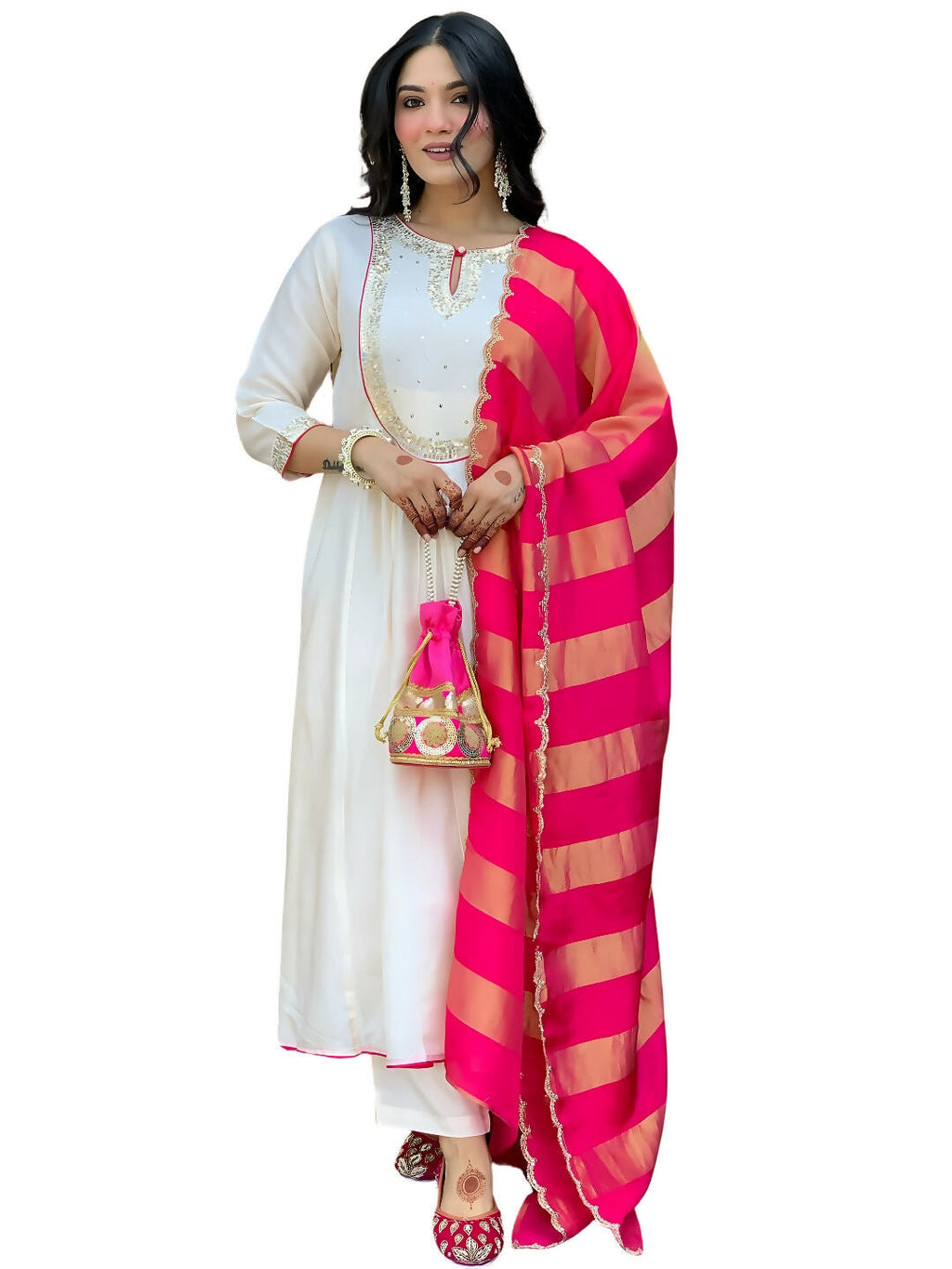 The52 White Women's Gorgeous Embroidered Work Chanderi Fabric Flared Kurta Pant and Dupatta Set - Distacart