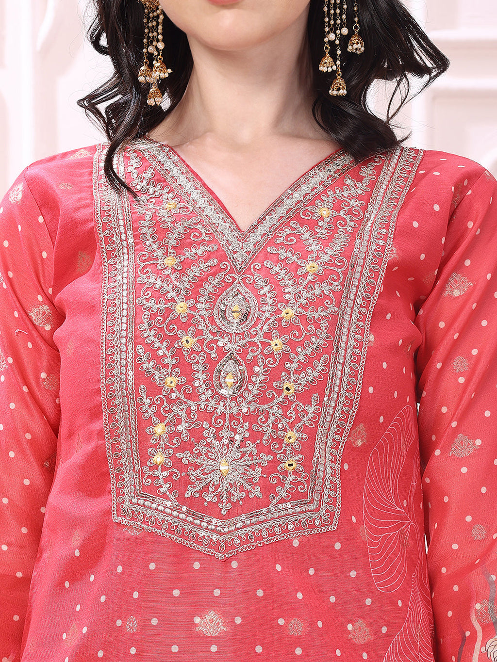 Sequinned & Thread Embroidered Kurta With Pant & Embroidered Dupatta, Coral - Hiral Fashion - Distacart