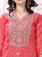 Sequinned & Thread Embroidered Kurta With Pant & Embroidered Dupatta, Coral - Hiral Fashion - Distacart