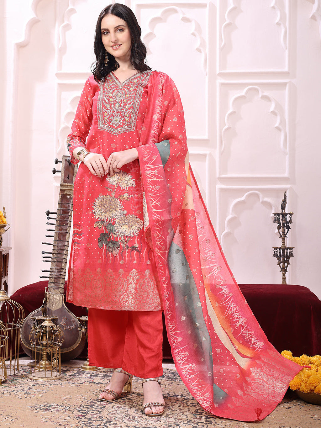 Sequinned & Thread Embroidered Kurta With Pant & Embroidered Dupatta, Coral - Hiral Fashion - Distacart
