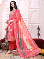 Sequinned & Thread Embroidered Kurta With Pant & Embroidered Dupatta, Coral - Hiral Fashion - Distacart