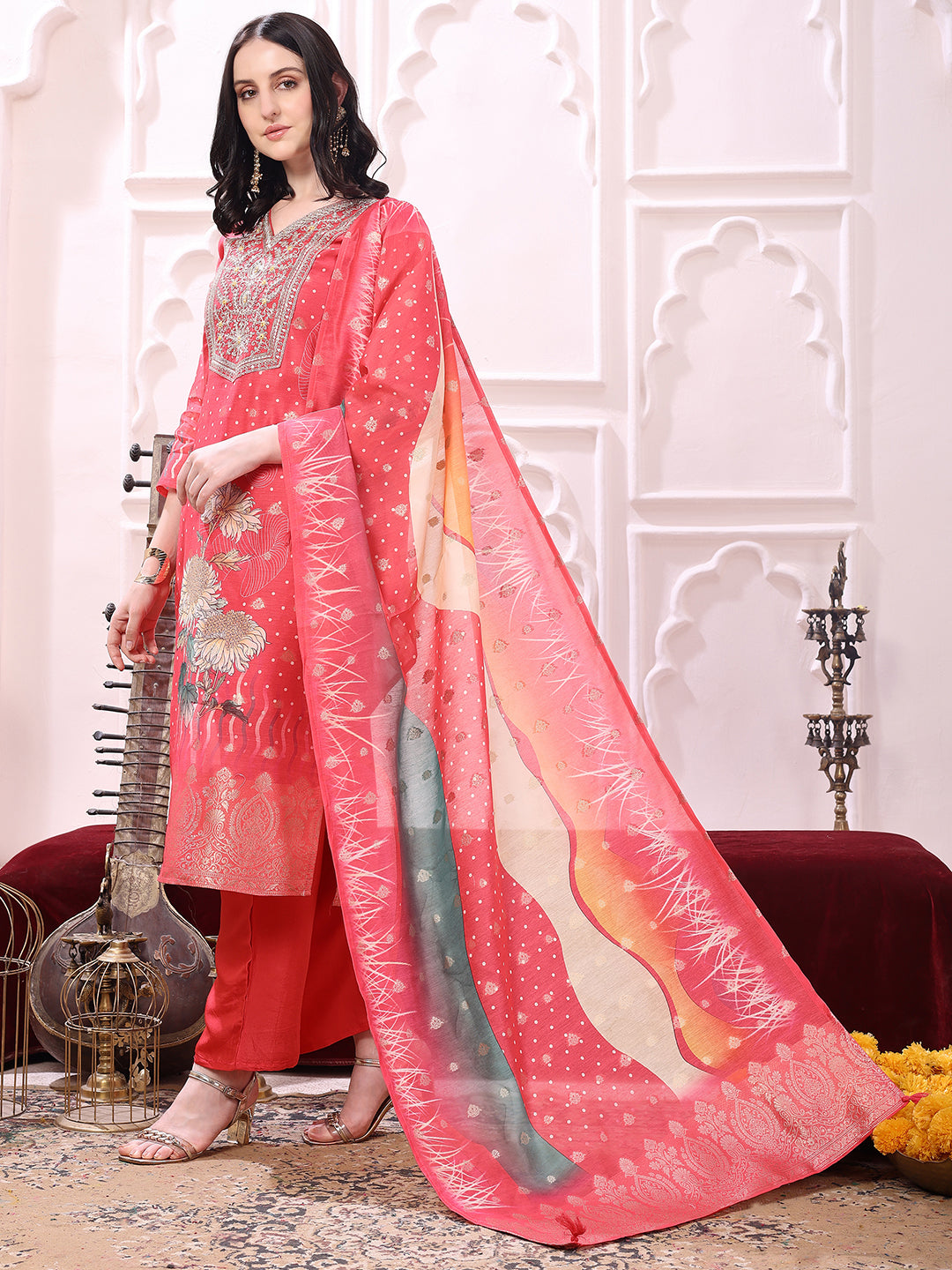 Sequinned & Thread Embroidered Kurta With Pant & Embroidered Dupatta, Coral - Hiral Fashion - Distacart