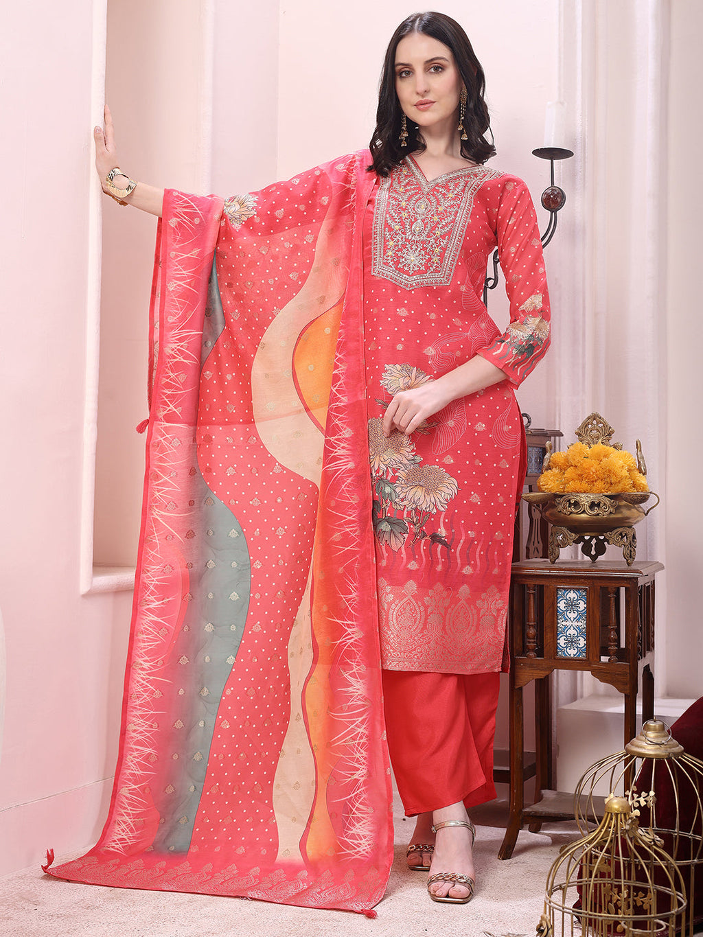 Sequinned & Thread Embroidered Kurta With Pant & Embroidered Dupatta, Coral - Hiral Fashion - Distacart