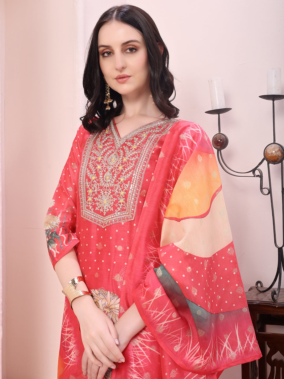 Sequinned & Thread Embroidered Kurta With Pant & Embroidered Dupatta, Coral - Hiral Fashion - Distacart