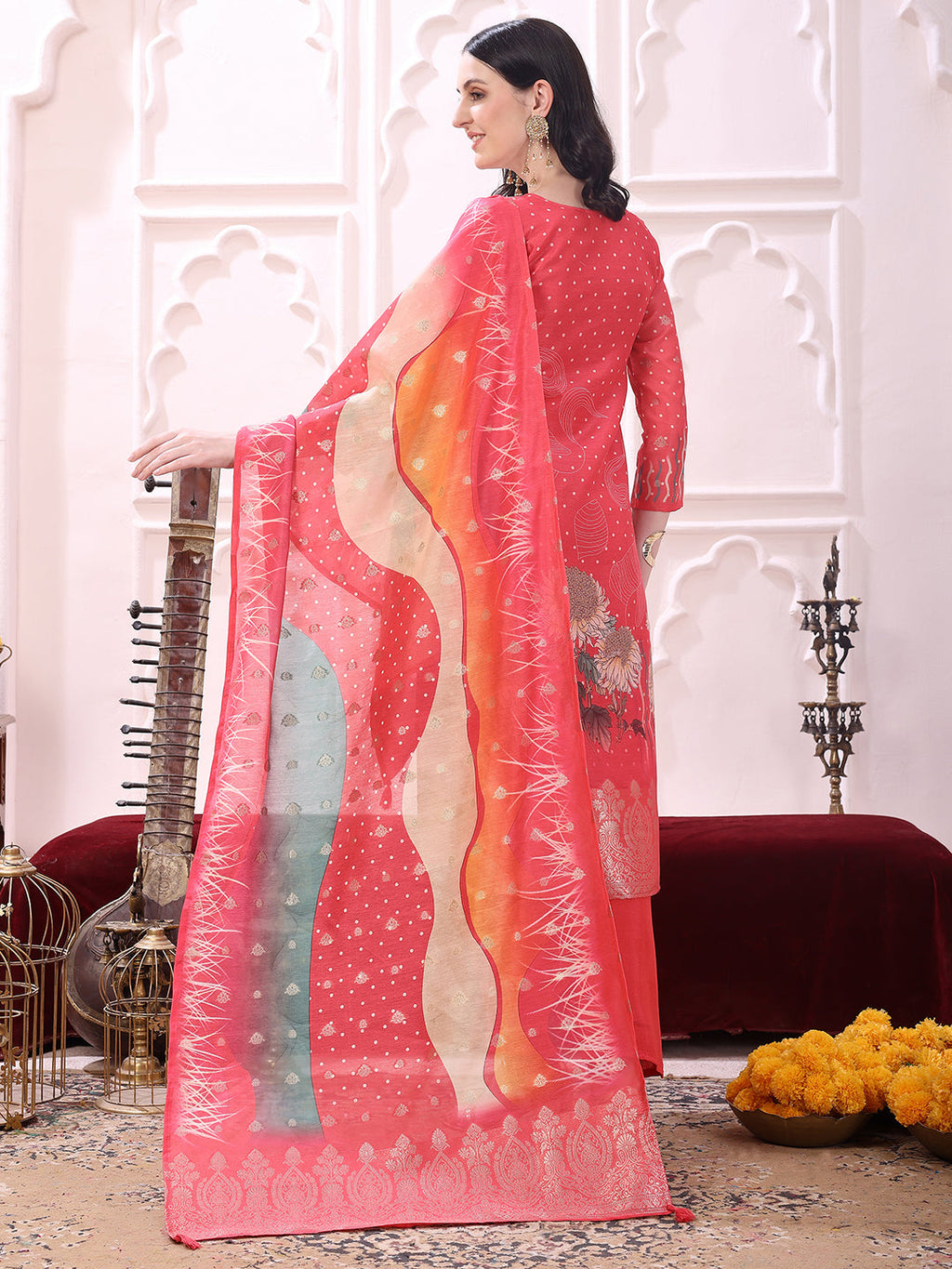 Sequinned & Thread Embroidered Kurta With Pant & Embroidered Dupatta, Coral - Hiral Fashion - Distacart