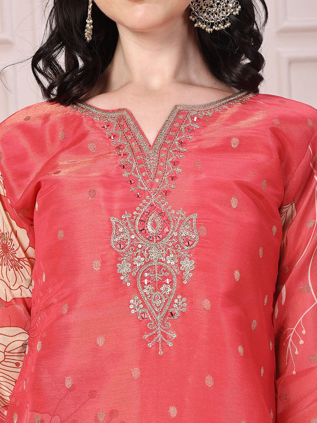 Embroidered Yoke & Floral Printed Kurta With Coordinated Dupatta And Pant Set, Coral - Hiral Fashion - Distacart