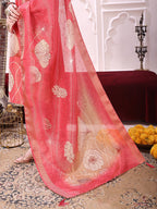 Embroidered Yoke & Floral Printed Kurta With Coordinated Dupatta And Pant Set, Coral - Hiral Fashion - Distacart