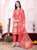 Embroidered Yoke & Floral Printed Kurta With Coordinated Dupatta And Pant Set, Coral - Hiral Fashion - Distacart
