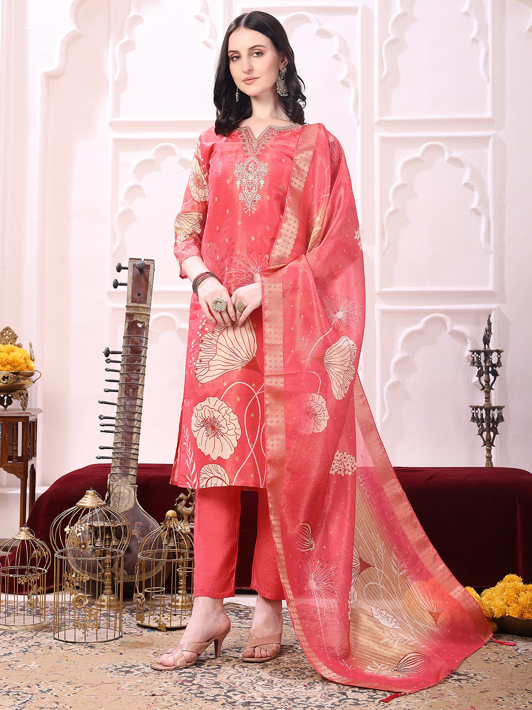 Embroidered Yoke & Floral Printed Kurta With Coordinated Dupatta And Pant Set, Coral - Hiral Fashion - Distacart