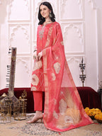 Embroidered Yoke & Floral Printed Kurta With Coordinated Dupatta And Pant Set, Coral - Hiral Fashion - Distacart