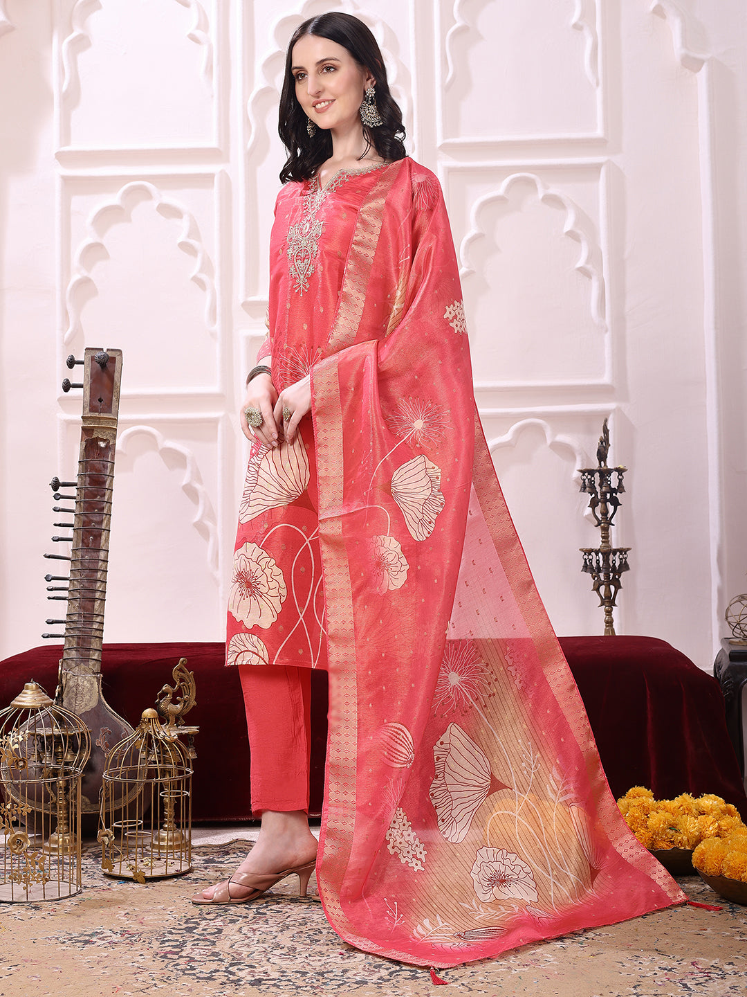 Embroidered Yoke & Floral Printed Kurta With Coordinated Dupatta And Pant Set, Coral - Hiral Fashion - Distacart