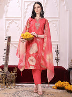 Embroidered Yoke & Floral Printed Kurta With Coordinated Dupatta And Pant Set, Coral - Hiral Fashion - Distacart