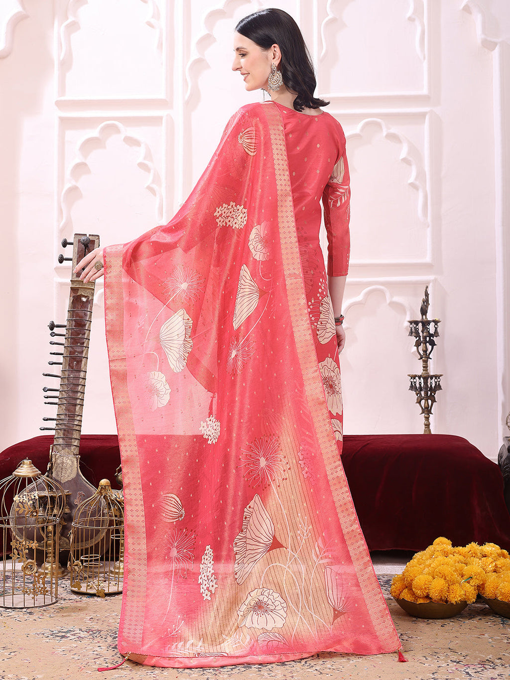 Embroidered Yoke & Floral Printed Kurta With Coordinated Dupatta And Pant Set, Coral - Hiral Fashion - Distacart