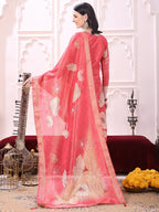Embroidered Yoke & Floral Printed Kurta With Coordinated Dupatta And Pant Set, Coral - Hiral Fashion - Distacart