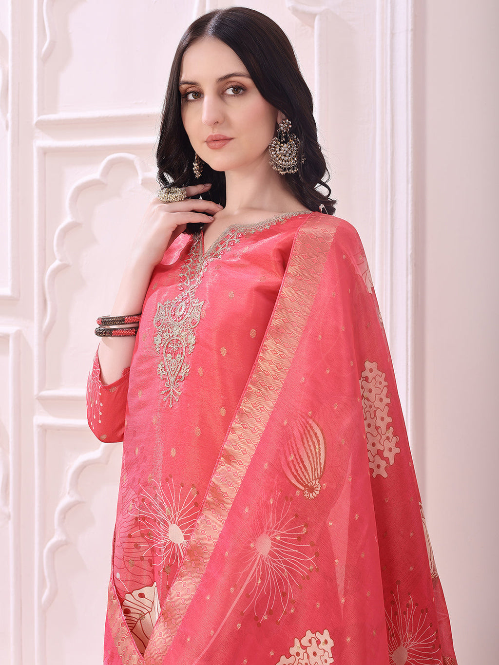 Embroidered Yoke & Floral Printed Kurta With Coordinated Dupatta And Pant Set, Coral - Hiral Fashion - Distacart