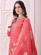 Embroidered Yoke & Floral Printed Kurta With Coordinated Dupatta And Pant Set, Coral - Hiral Fashion - Distacart