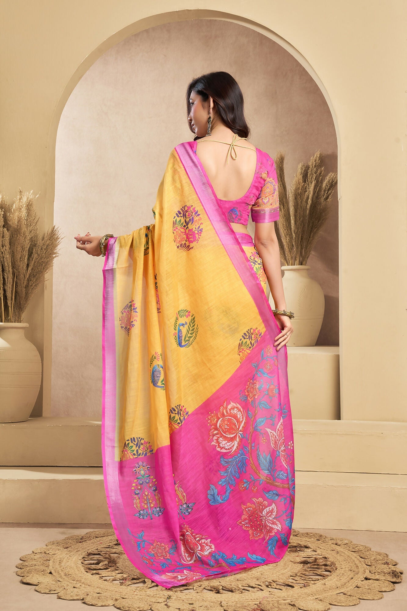 Vastranavya Mustard Digital Printed Linen Ready To Wear Designer Saree with Unstitched Blouse - Distacart