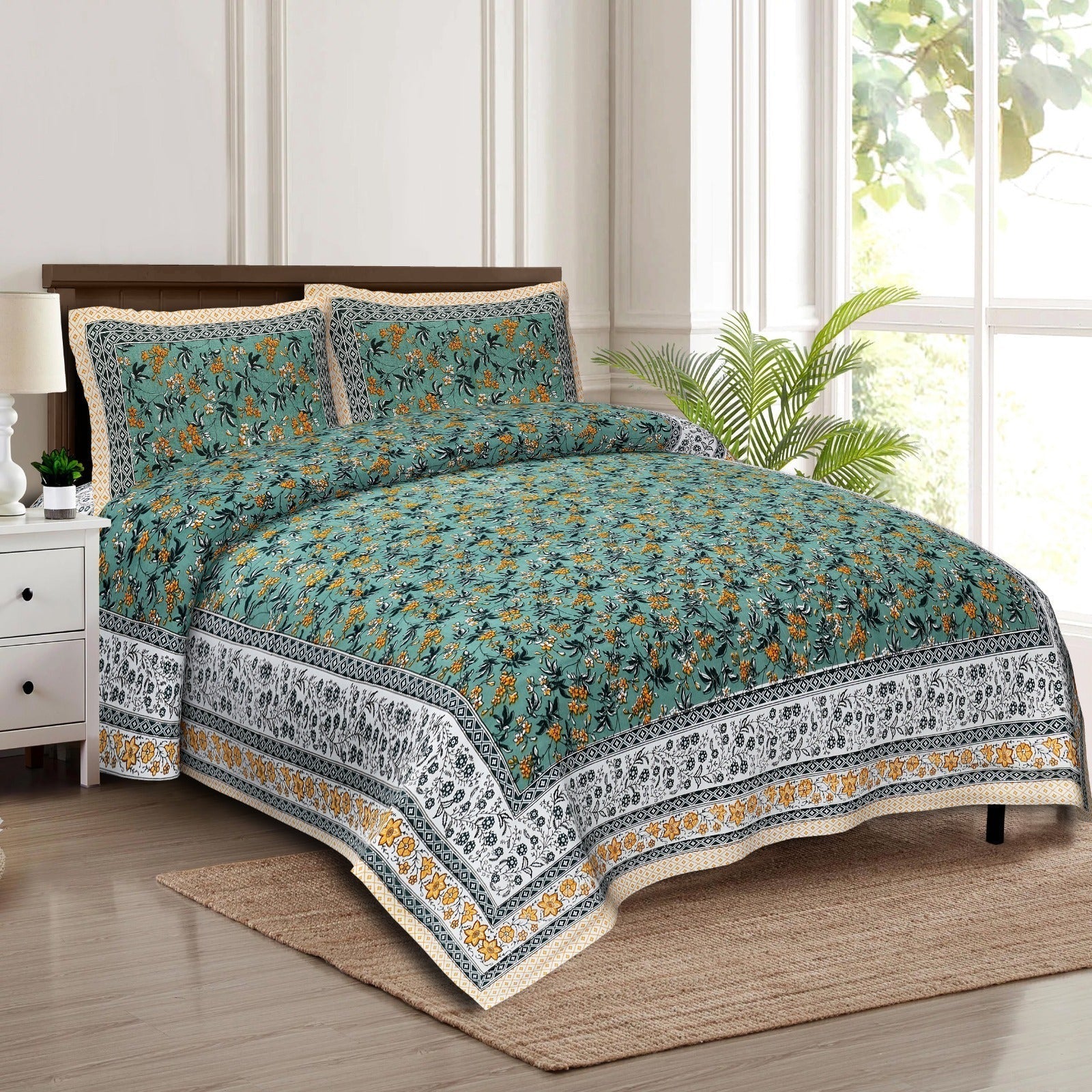 Rudra Bazaar Multicolour 210 TC Cotton Double King Bedsheet With 2 Pillow Covers - Distacart