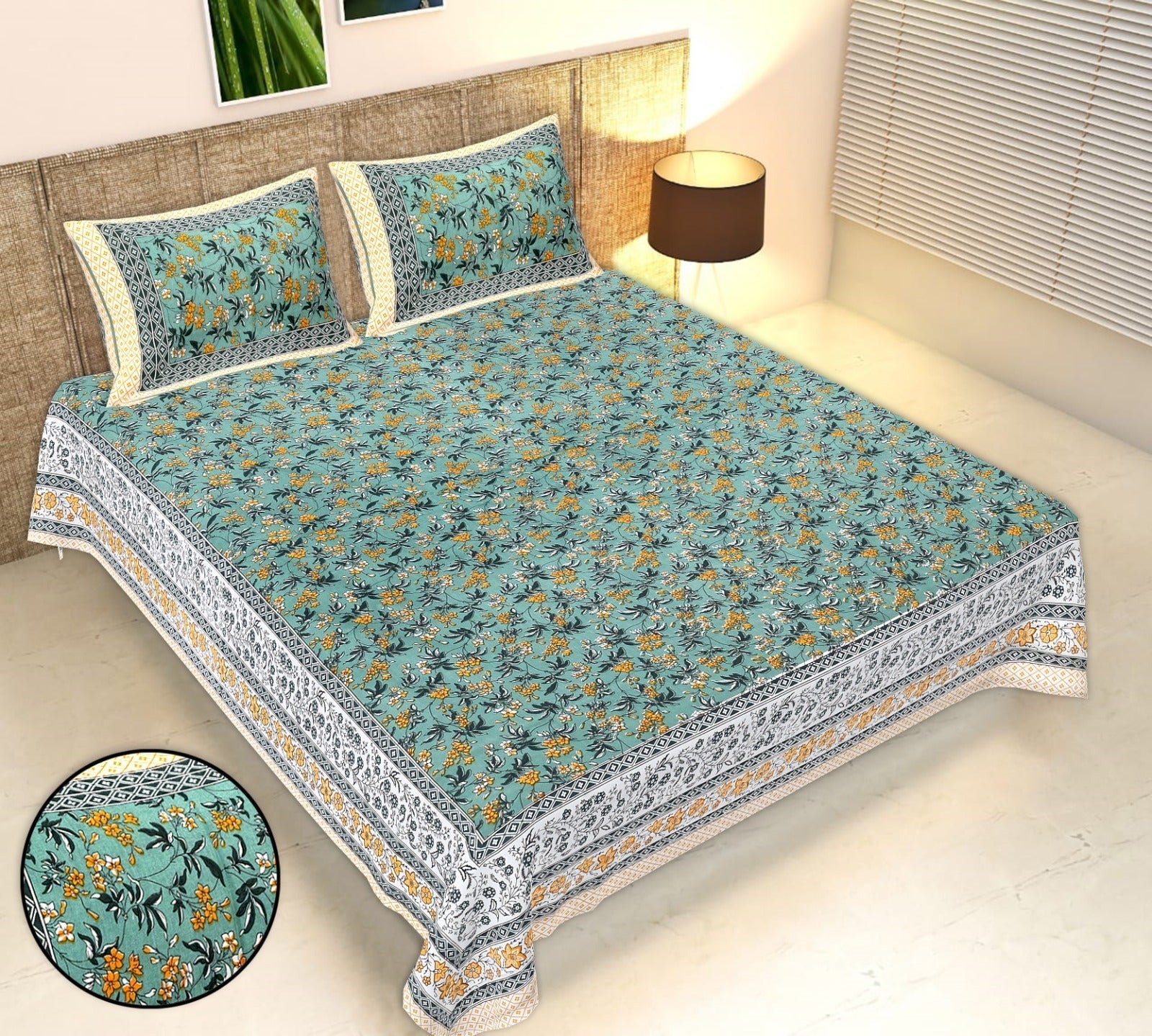 Rudra Bazaar Multicolour 210 TC Cotton Double King Bedsheet With 2 Pillow Covers - Distacart