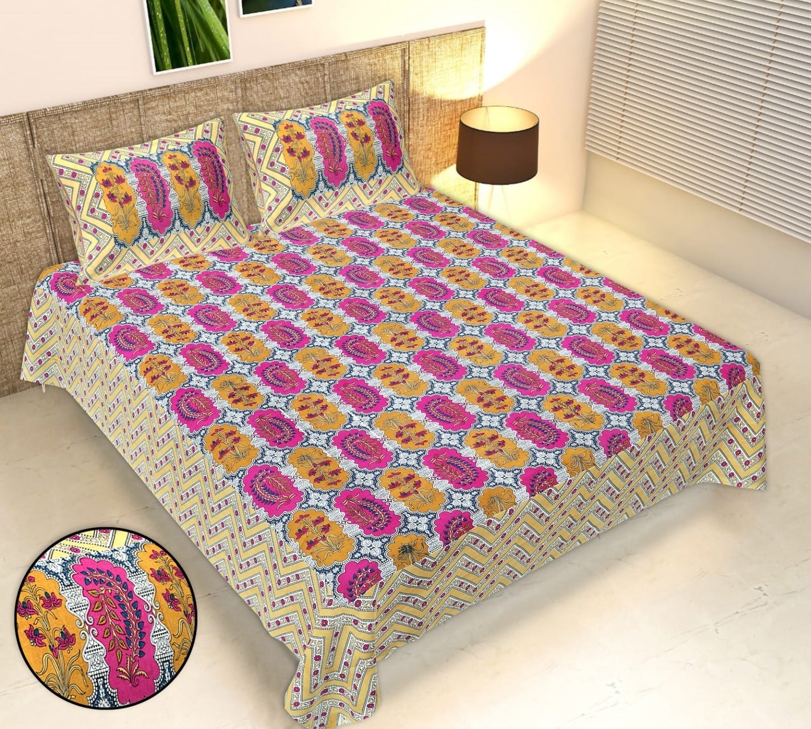 Rudra Bazaar Multicolour 210 TC Cotton Double King Bedsheet With 2 Pillow Covers - Distacart