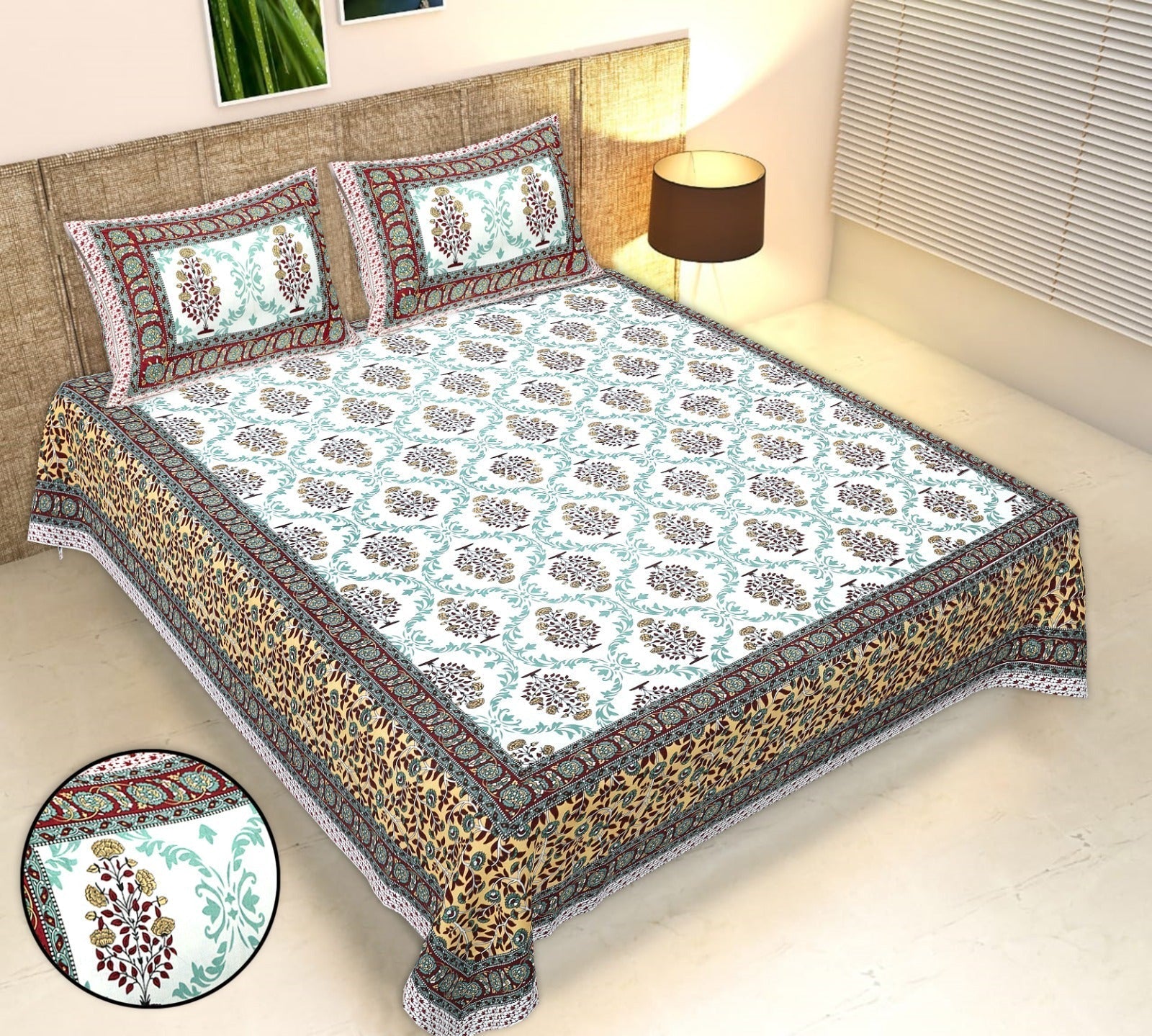 Rudra Bazaar Multicolour 210 TC Cotton Double King Bedsheet With 2 Pillow Covers - Distacart