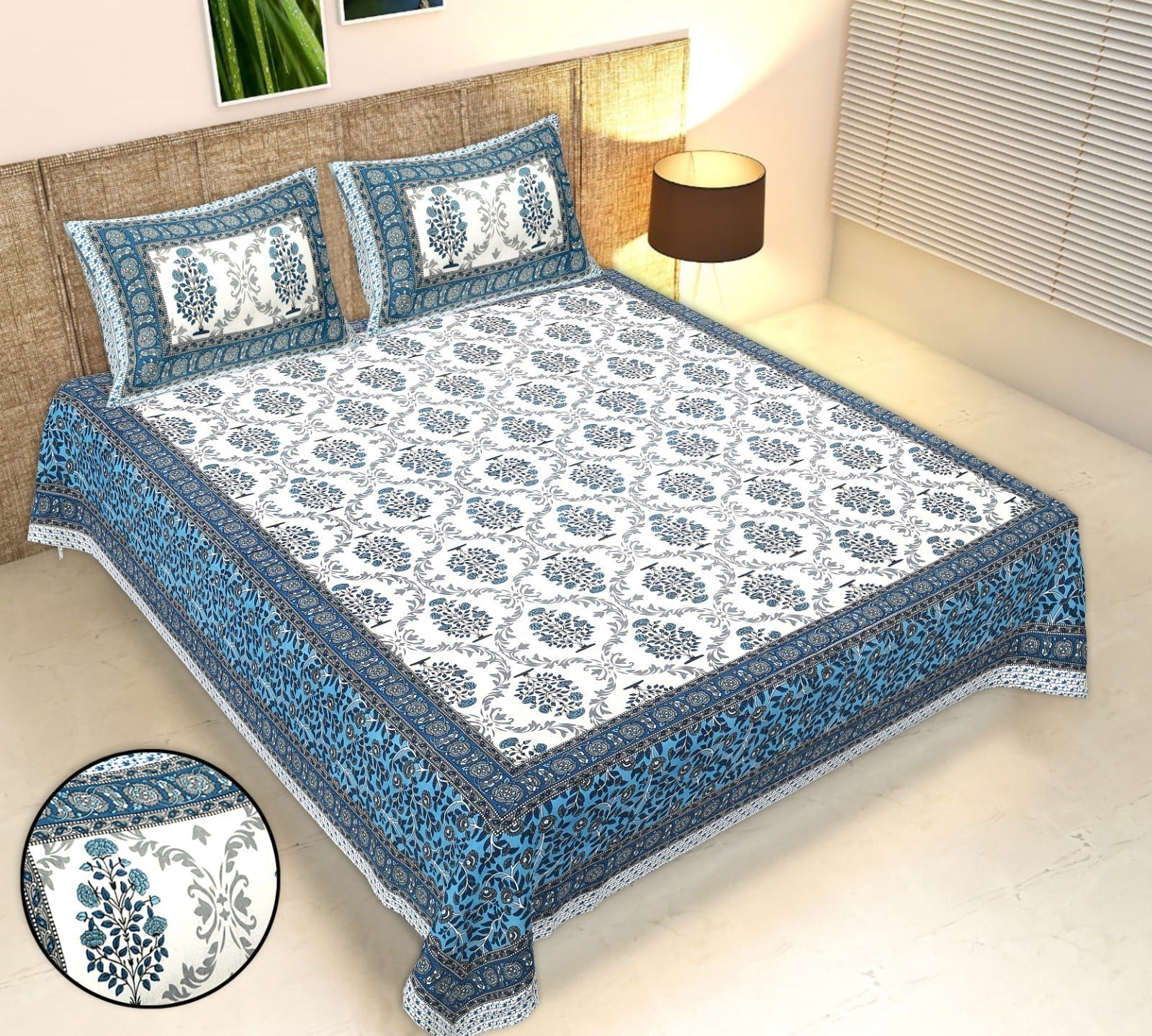 Rudra Bazaar Multicolour 210 TC Cotton Double King Bedsheet With 2 Pillow Covers - Distacart