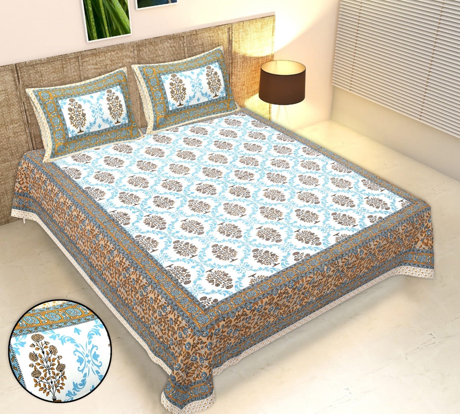 Rudra Bazaar Multicolour 210 TC Cotton Double King Bedsheet With 2 Pillow Covers - Distacart