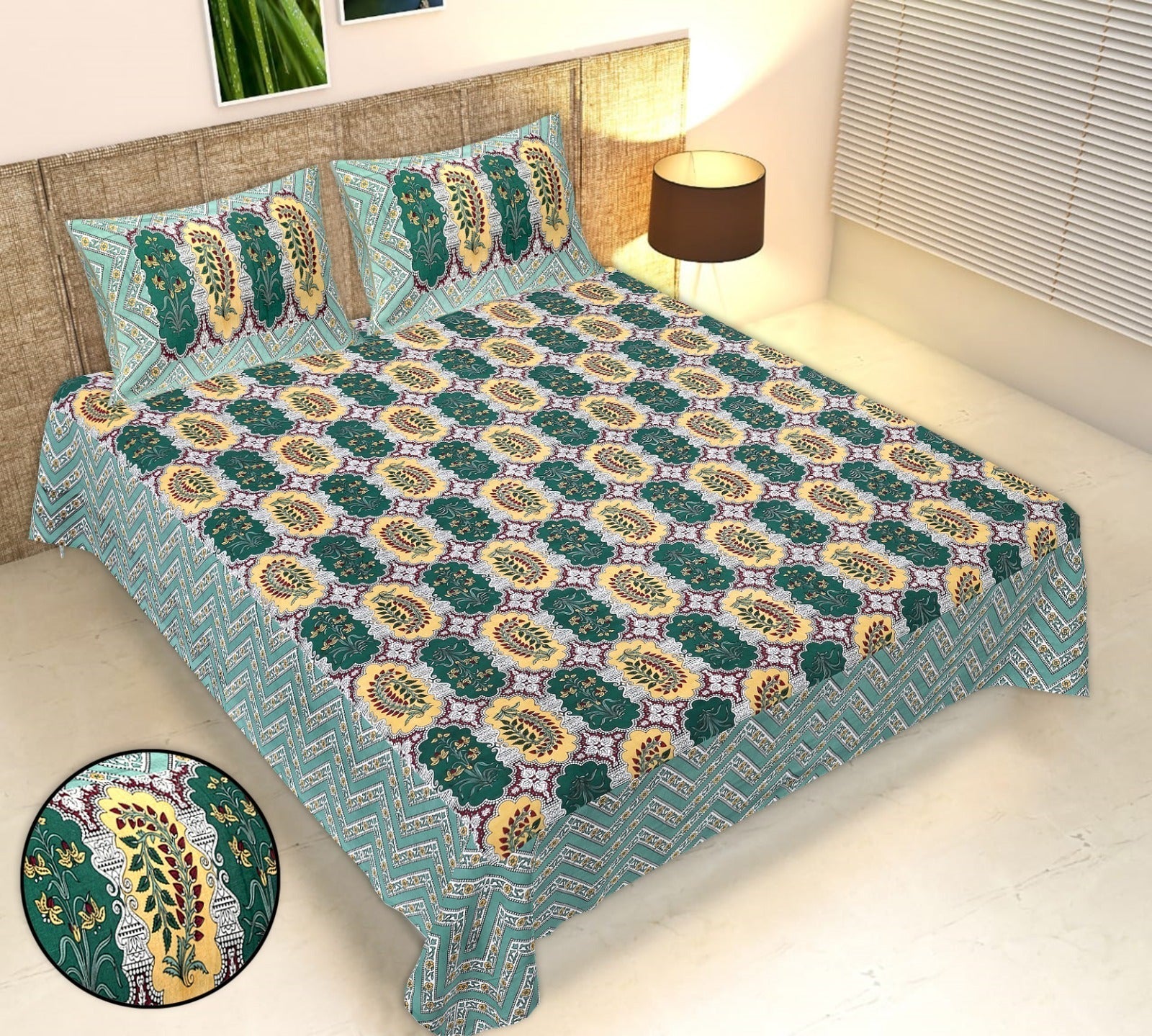 Rudra Bazaar Multicolour 210 TC Cotton Double King Bedsheet With 2 Pillow Covers - Distacart