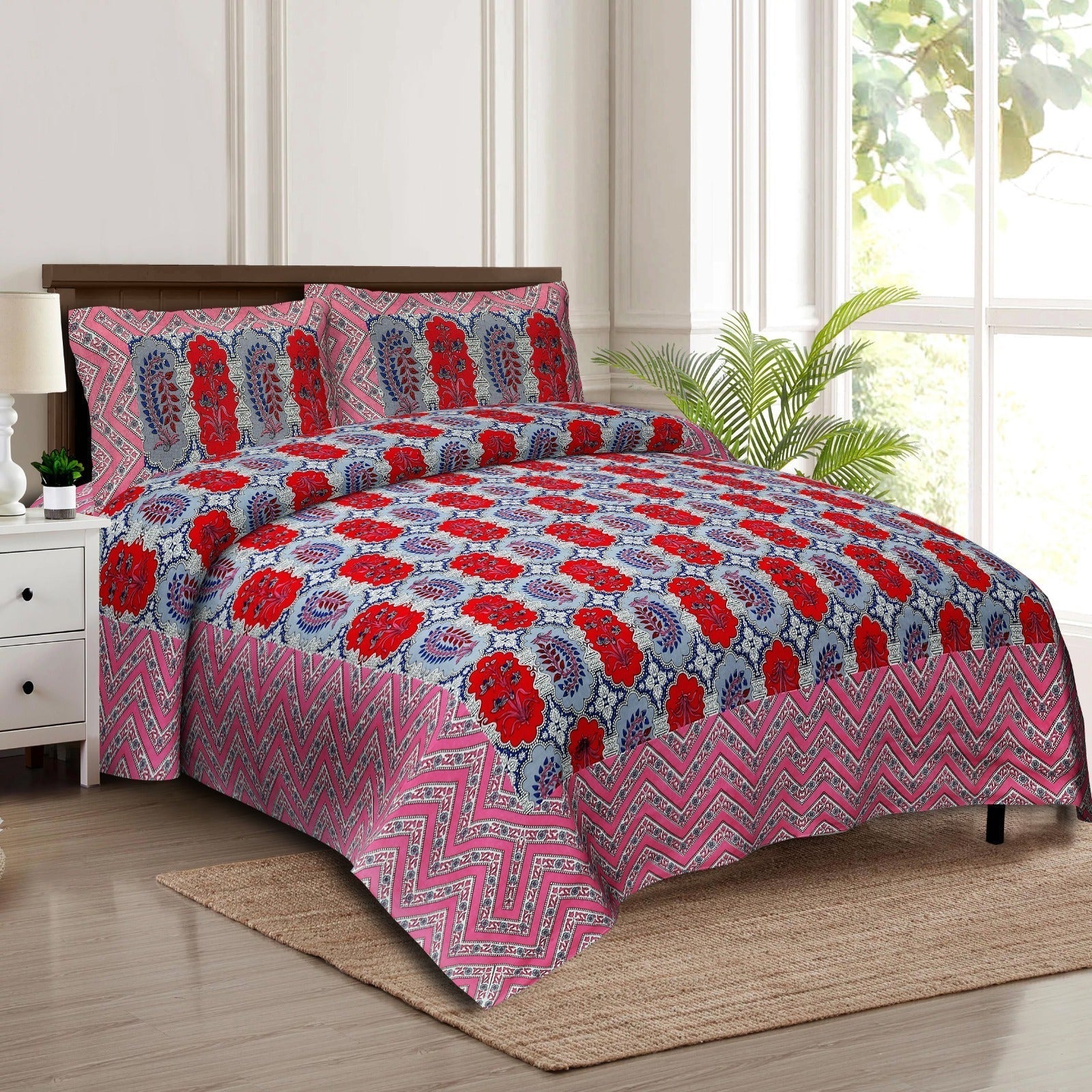 Rudra Bazaar Multicolour 210 TC Cotton Double King Bedsheet With 2 Pillow Covers - Distacart