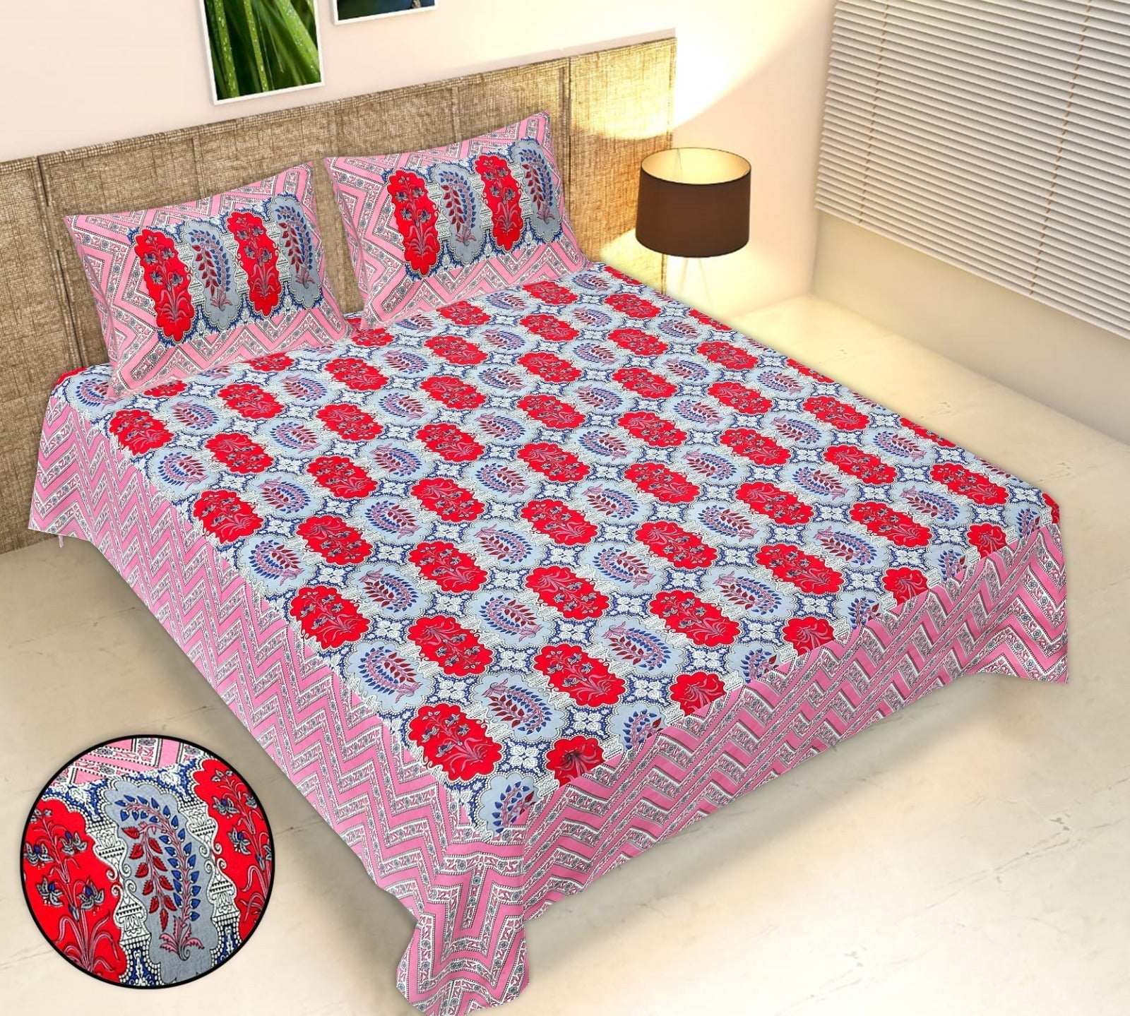 Rudra Bazaar Multicolour 210 TC Cotton Double King Bedsheet With 2 Pillow Covers - Distacart