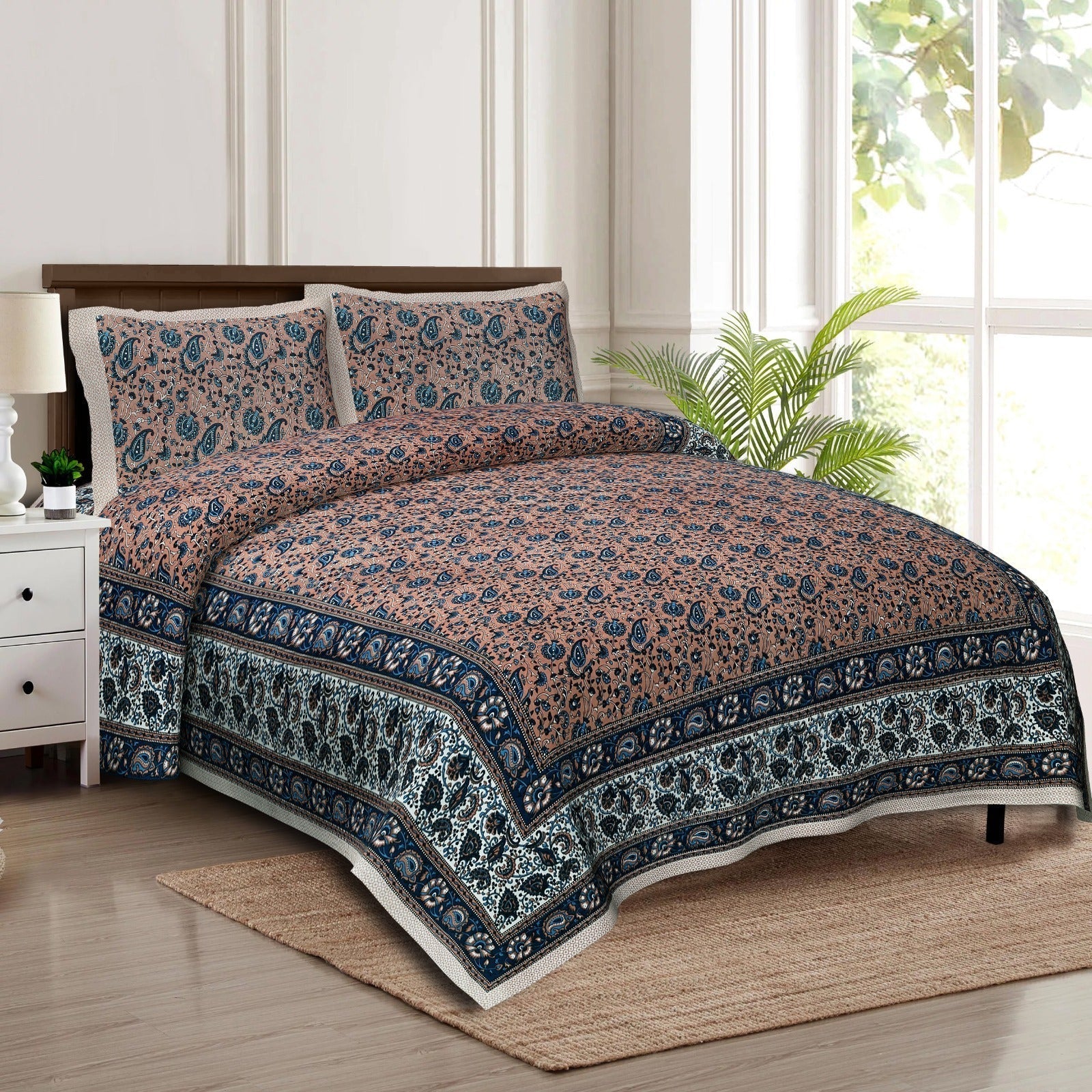 Rudra Bazaar Multicolour 210 TC Cotton Double King Bedsheet With 2 Pillow Covers - Distacart