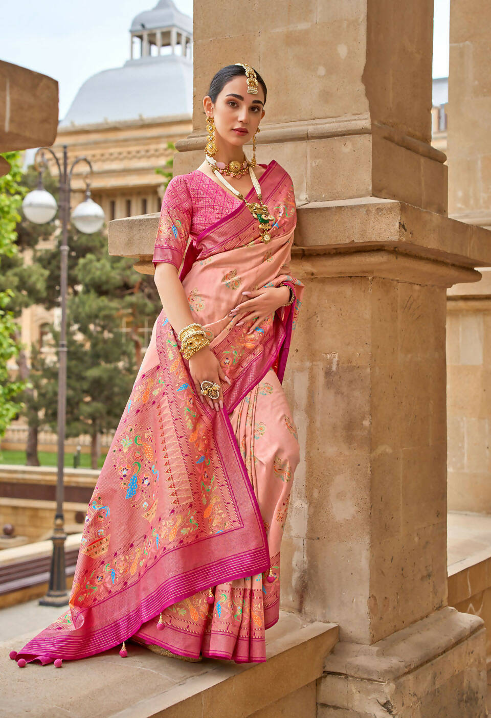 Bittersweet Peach Superior V.P.Silk Woven Printed Patola Silk Saree - Rewaa Milano