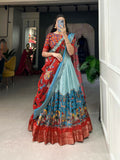 Vastranavya Kalamkari Print With Weaving Border Lehenga with Unstitched Blouse - Sky Blue